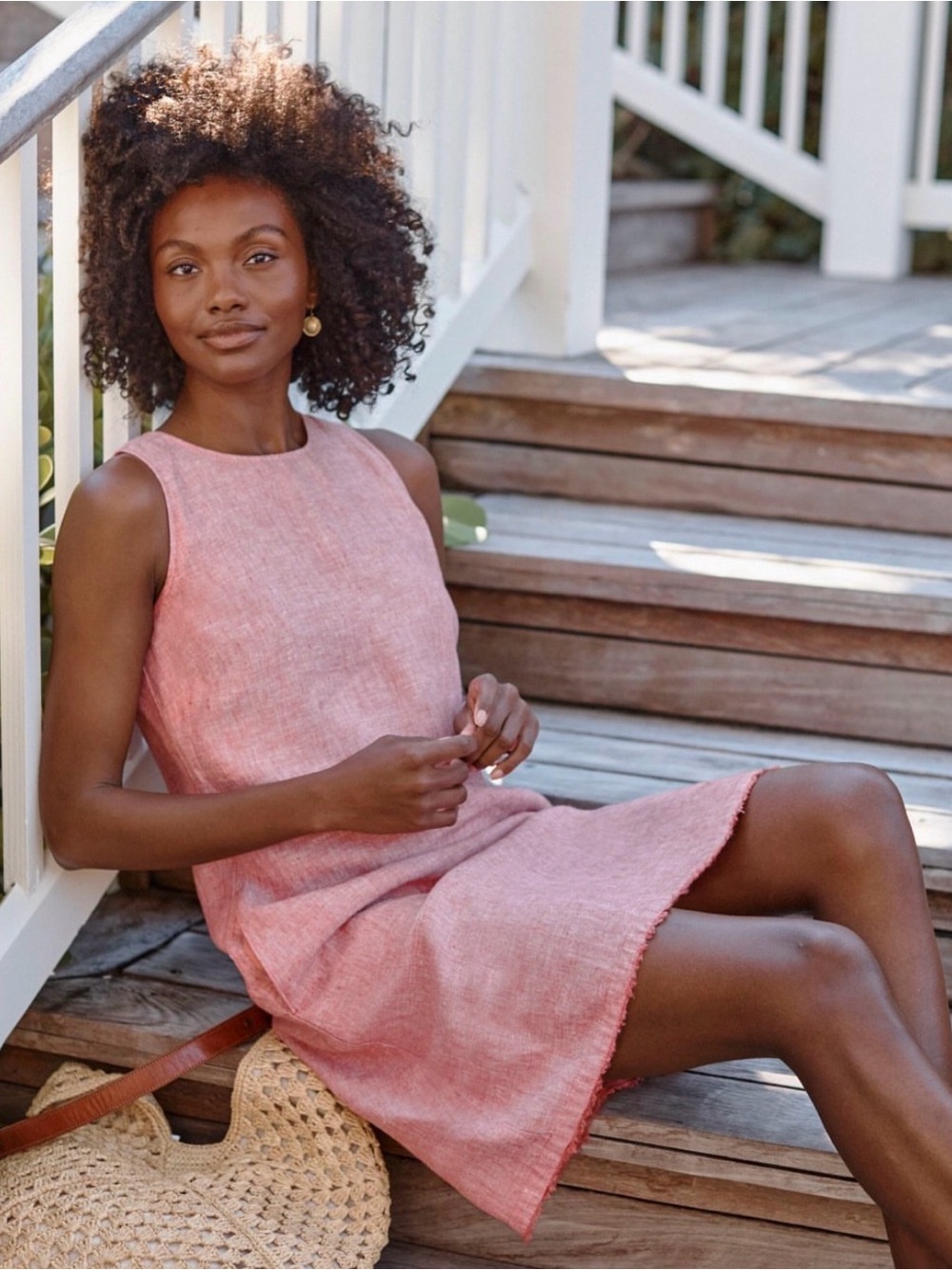 Garnet Hill Rose Pink Linen Midi Dress, Sleeveless, Women’s Size 14, Frayed hem